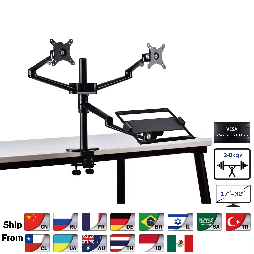 OL-10T Aluminum Height Adjust Desktop Dual 17-32 Inch Monitor Holder+12-17 Inch Laptop Holder Stand Full Motion Triple Mount Arm